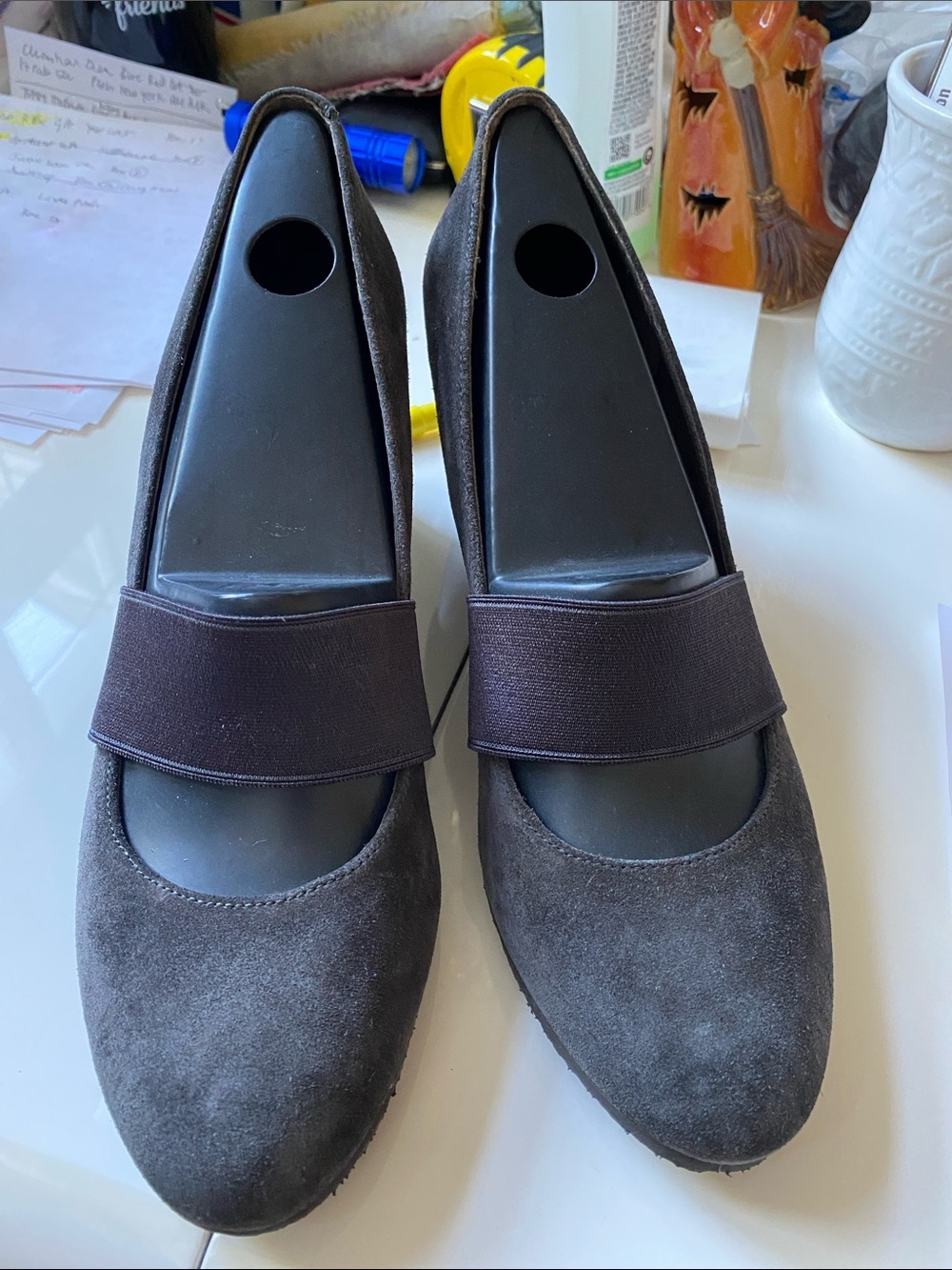 Camper Nancy dark grey  Suede Mary Jane wedges NWOB Sz 40EU Elasticated strap